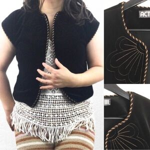 Vintage Union made jacket black velour twisted rope trim mod floral embroidered